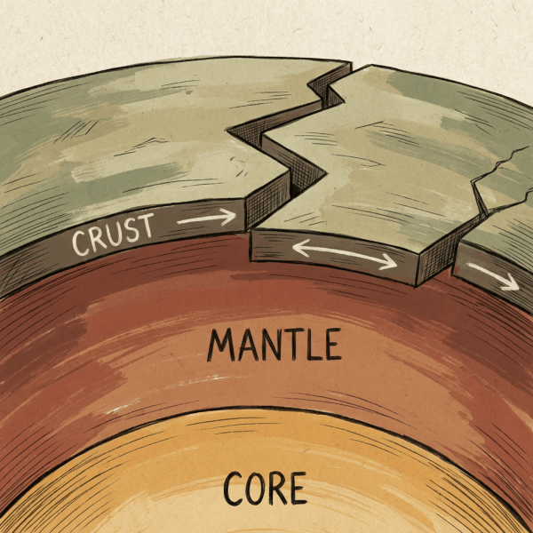 Diagram showing crust, mantle, and core with arrows indicating tectonic plate movement.