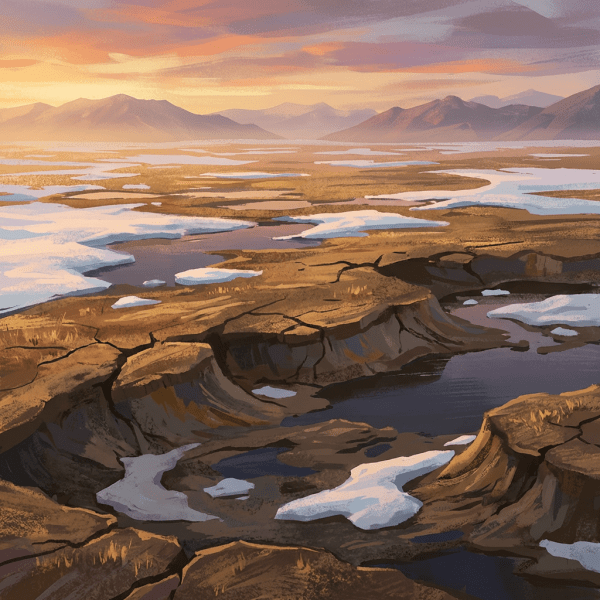 Digital painting of vast cracked tundra with patches of melting snow under a sunset.