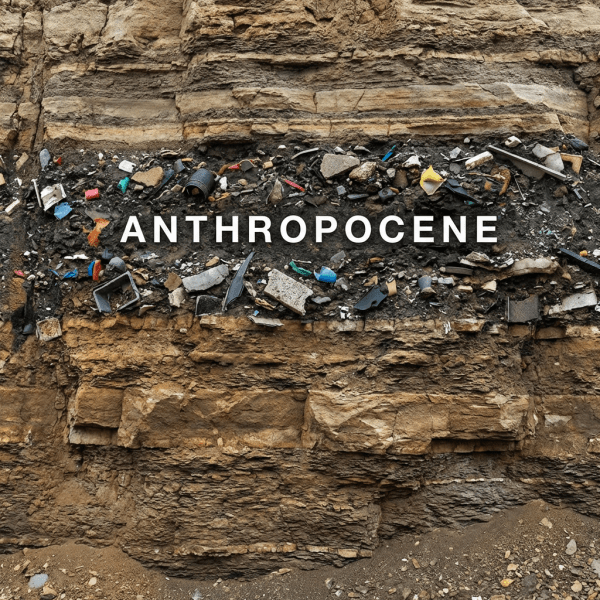 Rock layers with a middle band of colorful plastic debris and the text ANTHROPOCENE.