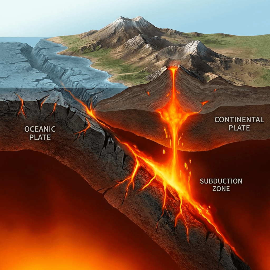 OCEANIC PLATE sliding under CONTINENTAL PLATE creating a SUBDUCTION ZONE with magma.