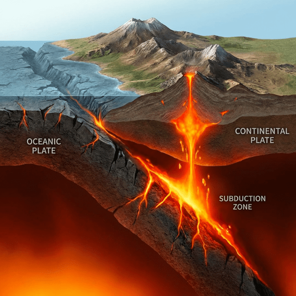 OCEANIC PLATE sliding under CONTINENTAL PLATE creating a SUBDUCTION ZONE with magma.