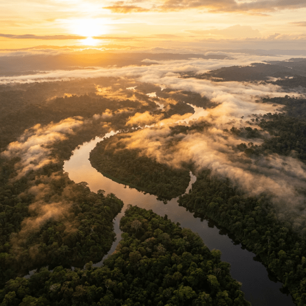 A winding river flowing through dense rainforest under golden sunrise with mist and clouds