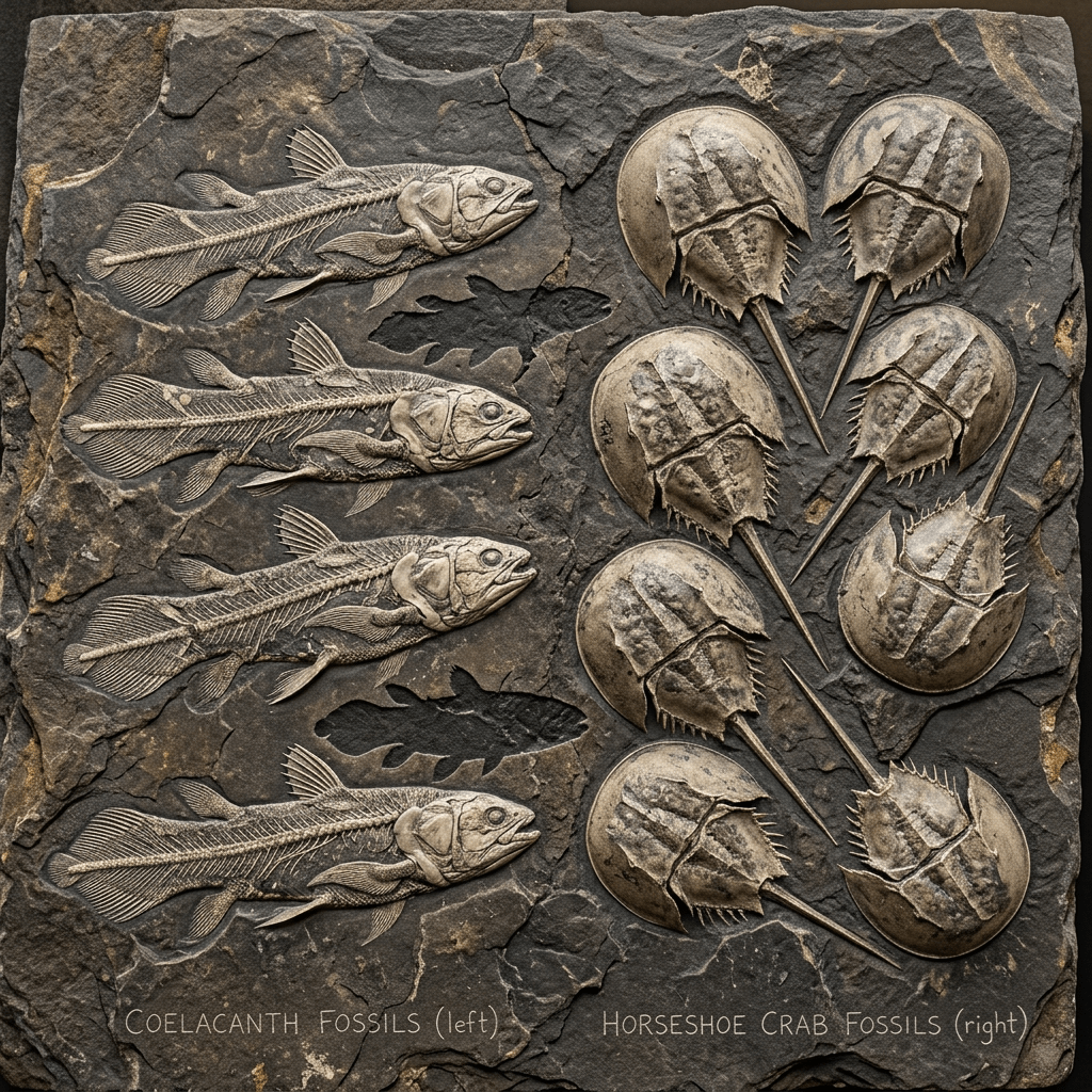 Fossils of coelacanth fish and horseshoe crabs embedded in rock