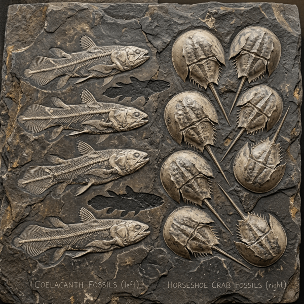 Fossils of coelacanth fish and horseshoe crabs embedded in rock