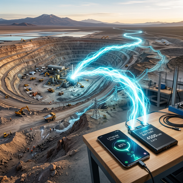 Open lithium mining pit with trucks and machinery connected to a smartphone and lithium-ion battery on a table