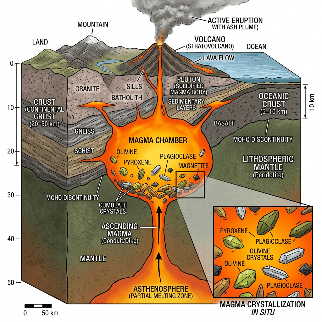 Cross-section of volcanic magma chamber showing magma flow, crystal types, and geological layers