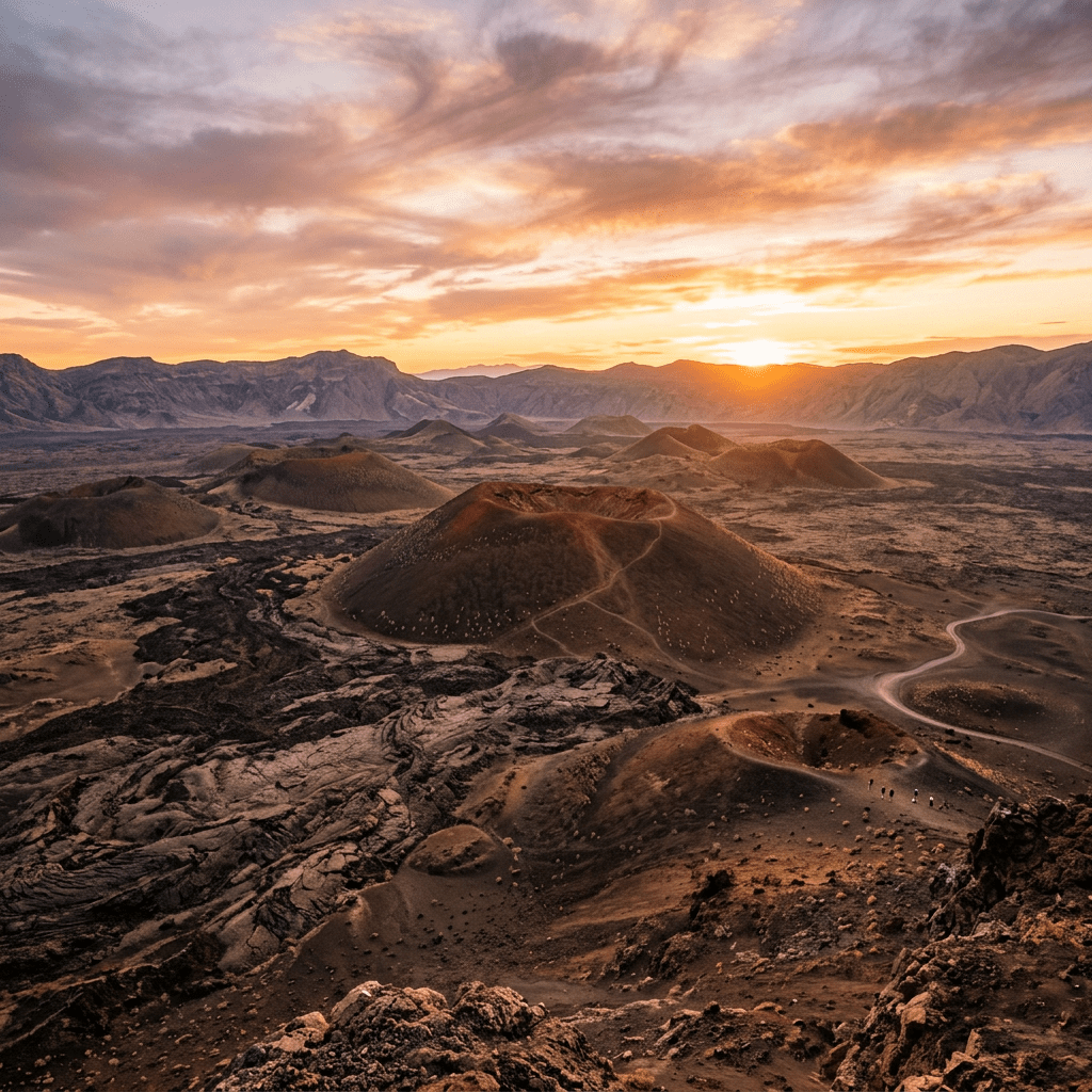 Volcanic cones and lava fields under colorful sunset sky