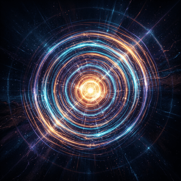 Vibrant concentric rings of blue and orange light forming a glowing cosmic energy vortex