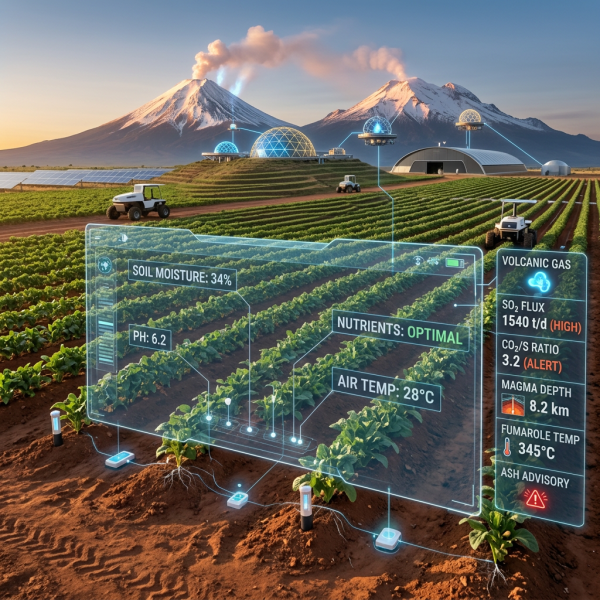 Agricultural field with digital overlay showing soil moisture 34%, pH 6.2, nutrients optimal, air temperature 28 degrees Celsius