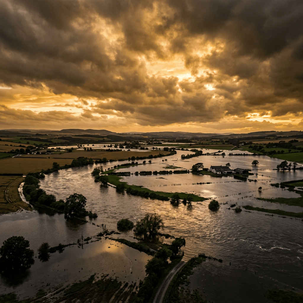 Flooded farmland with a house surrounded by water and cloudy sunset sky