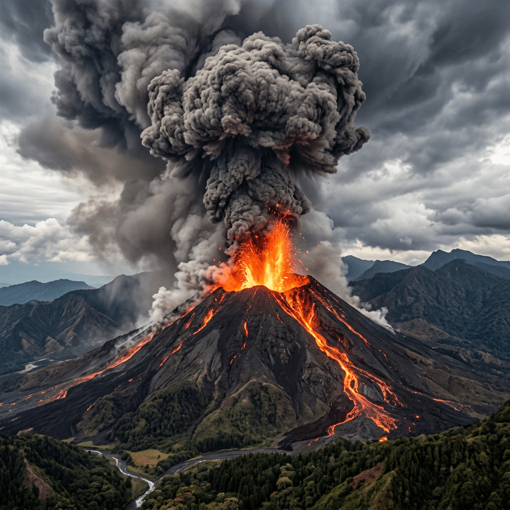 Volcano erupting with glowing lava flows and dense dark ash plume