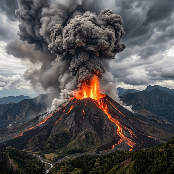Volcano erupting with glowing lava flows and dense dark ash plume